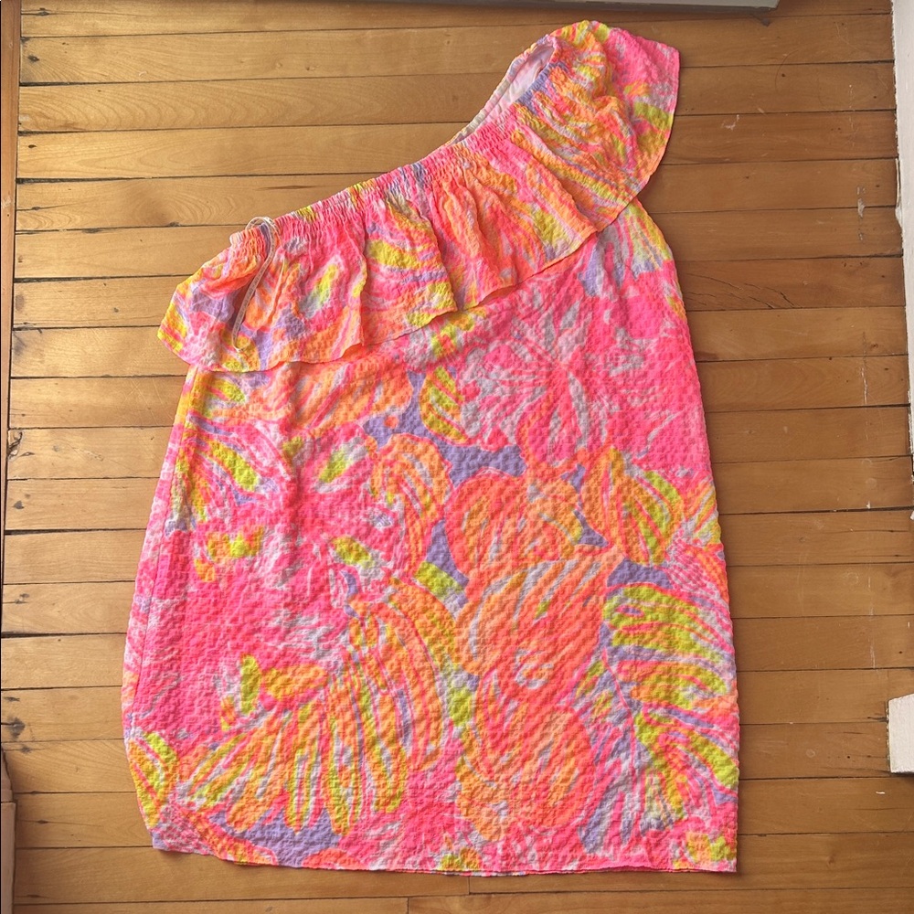 Lilly Pulitzer One-Shoulder Ruffle Tropical Shift Dress - Neon Pink